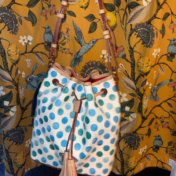 New Dooney and Bourke Seafoam Polka Dot Kendall Drawstring Bucket Bag